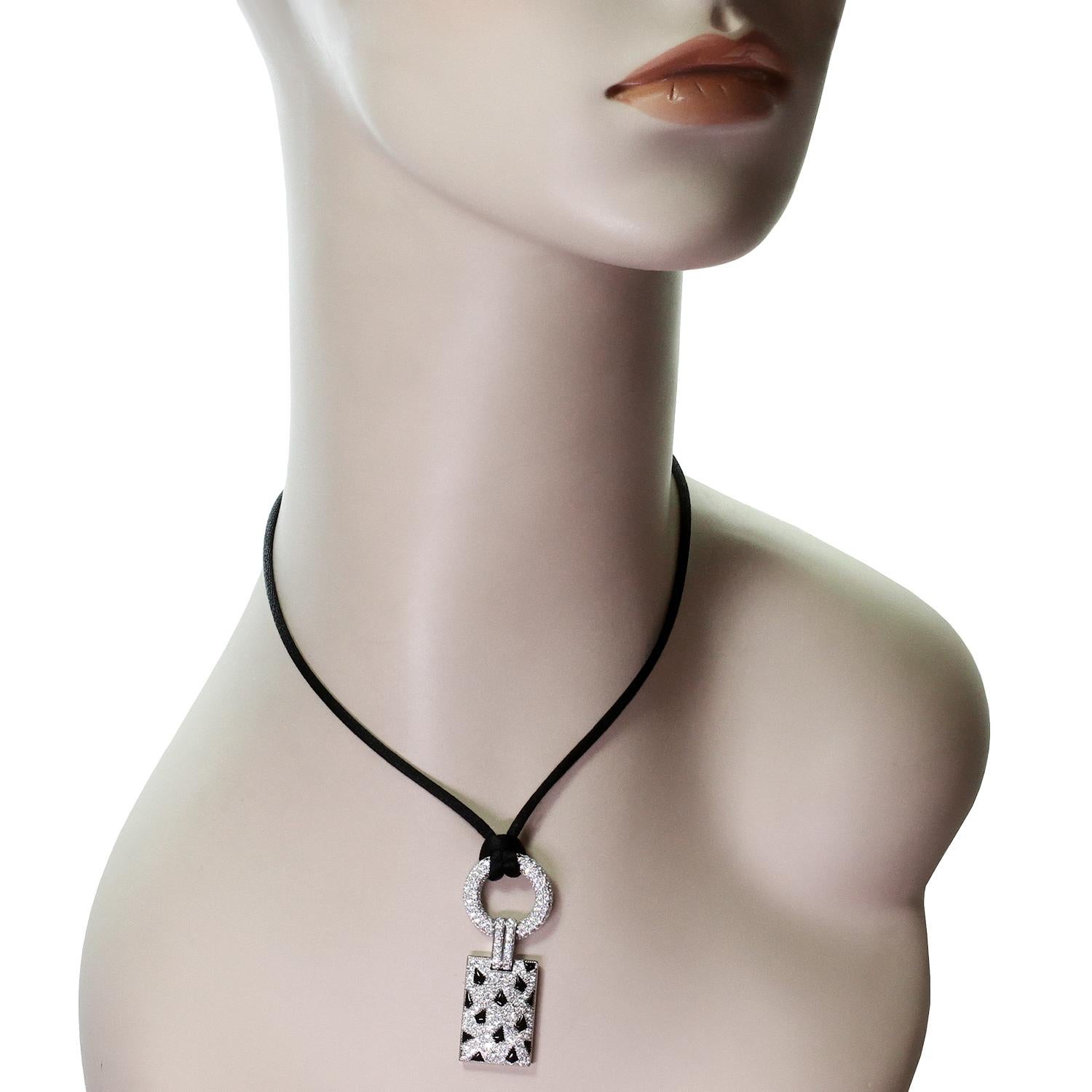 Women's Cartier Panthere Diamond Pave Onyx White Gold Pendant Satin Cord Necklace