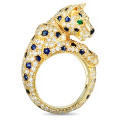 Cartier Panthère Diamond Pave, Sapphires, Emeralds and Onyx Yellow Gold Ring