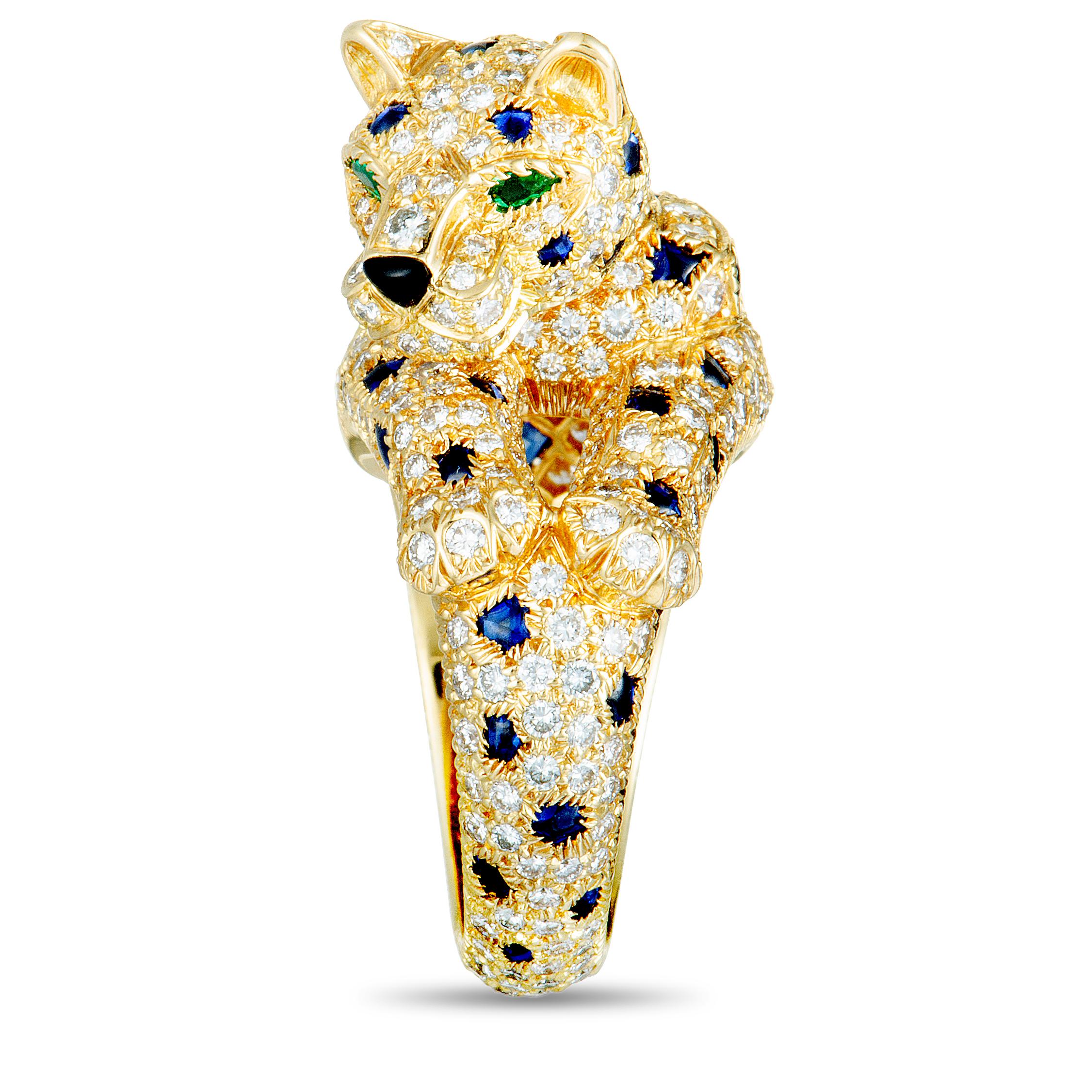 Cartier Panthère Diamond Pave, Sapphires, Emeralds and Onyx Yellow Gold Ring In Excellent Condition In Southampton, PA