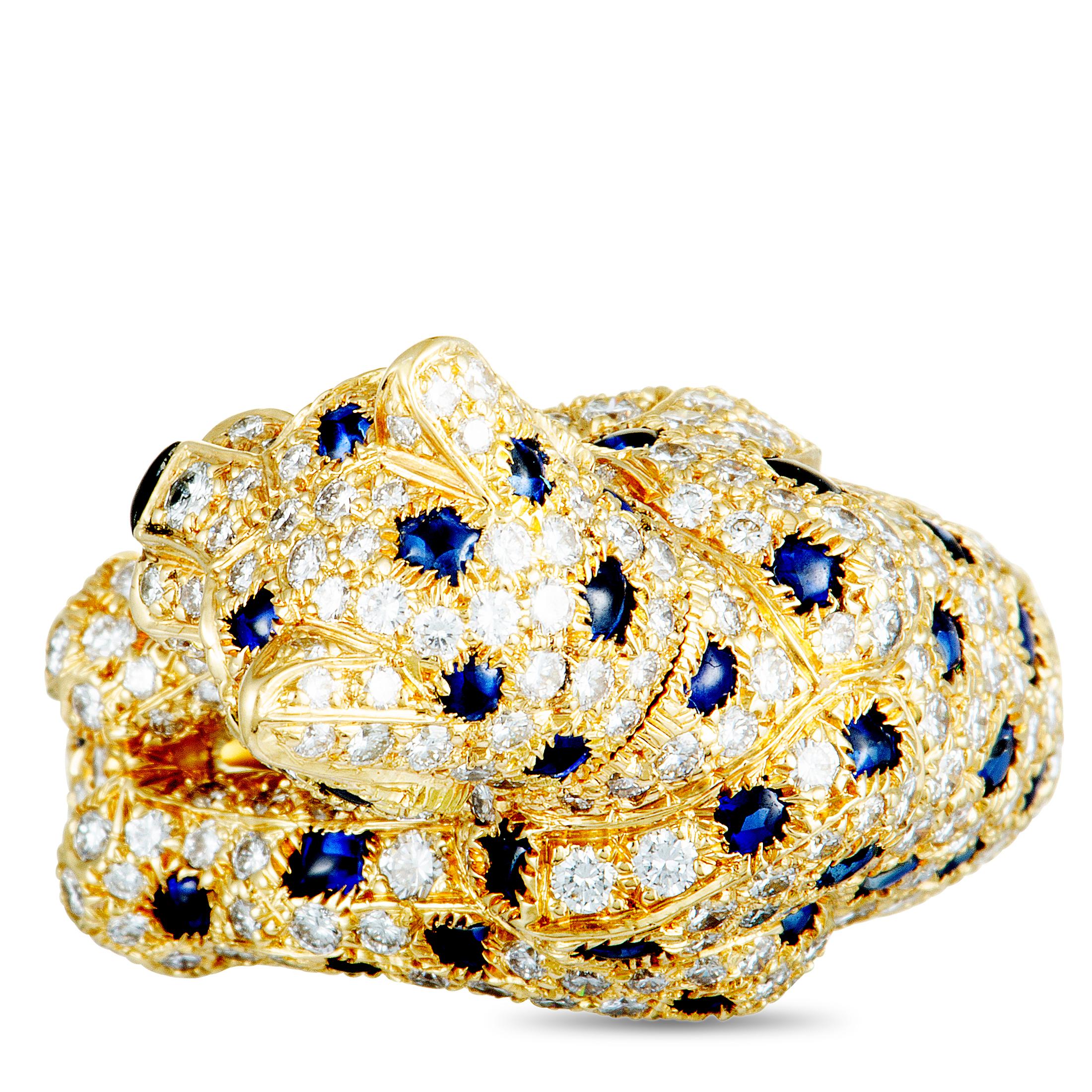 Cartier Panthère Diamond Pave, Sapphires, Emeralds and Onyx Yellow Gold Ring 2