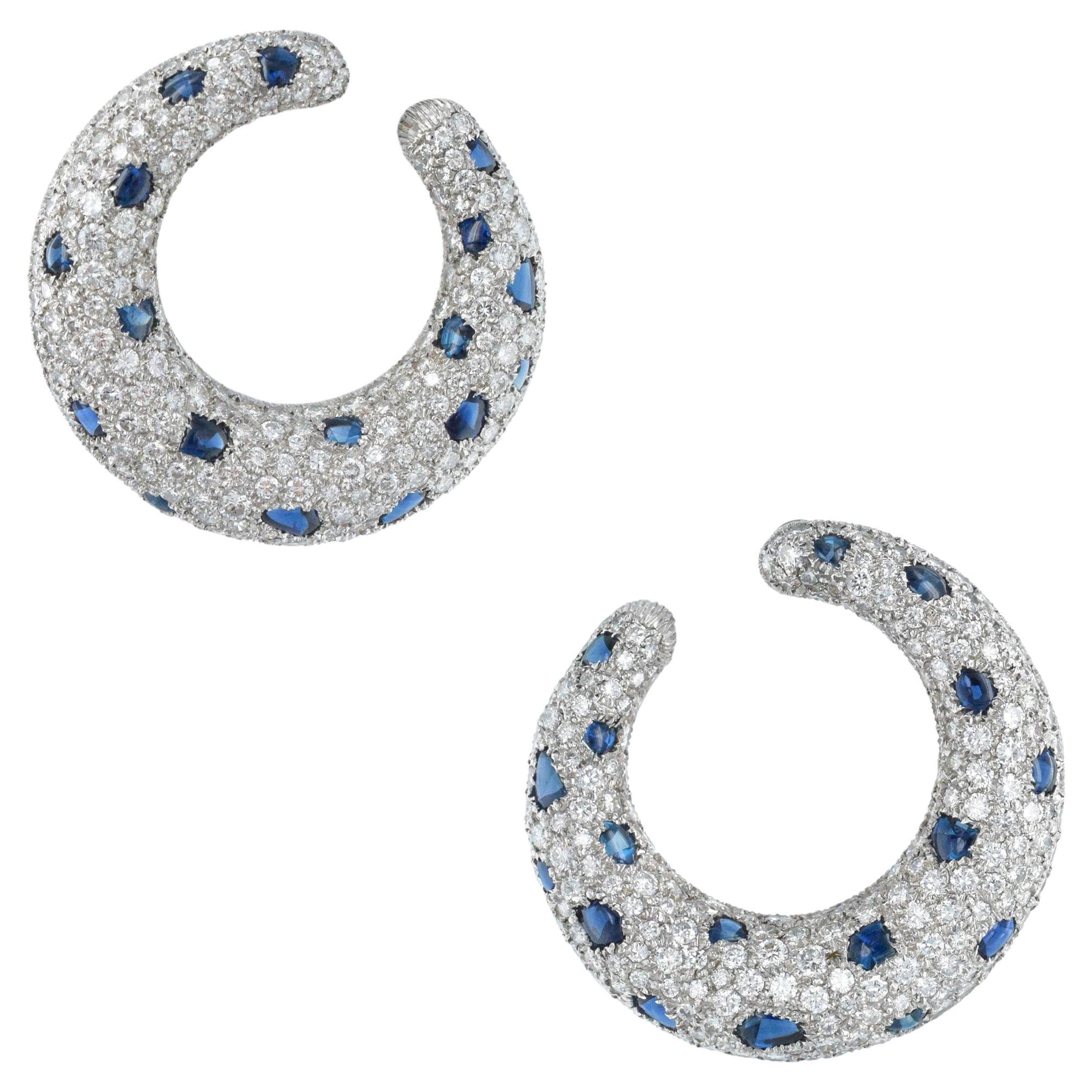 Cartier  ‘Panthere’  Diamond & Sapphire Creole Hoop Earrings In Platinum. For Sale