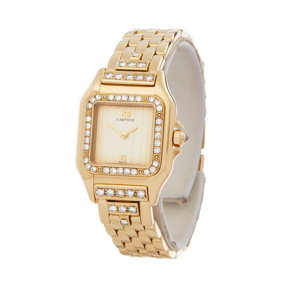 Ref: W4961
Manufacturer: Cartier
Model: Panthère
Model Ref: WF3159HP
Age: 
Gender: Ladies
Complete With: Box & Manuals Only
Dial: Cream Roman
Glass: Sapphire Crystal
Movement: Quartz
Water Resistance: To Manufacturers Specifications
Case: 18k Yellow