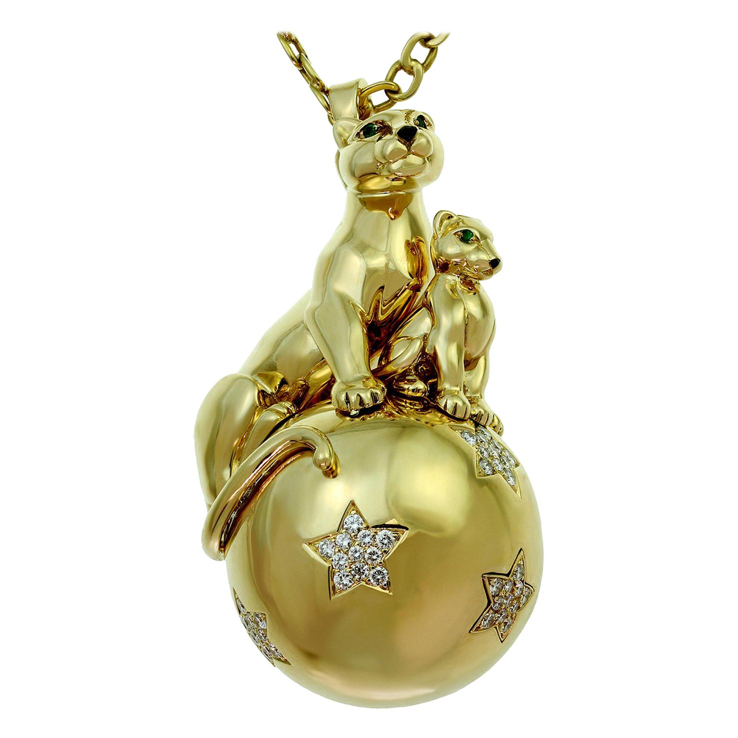 Cartier Panthere Diamond Yellow Gold Panthers Balloon Pendant Necklace