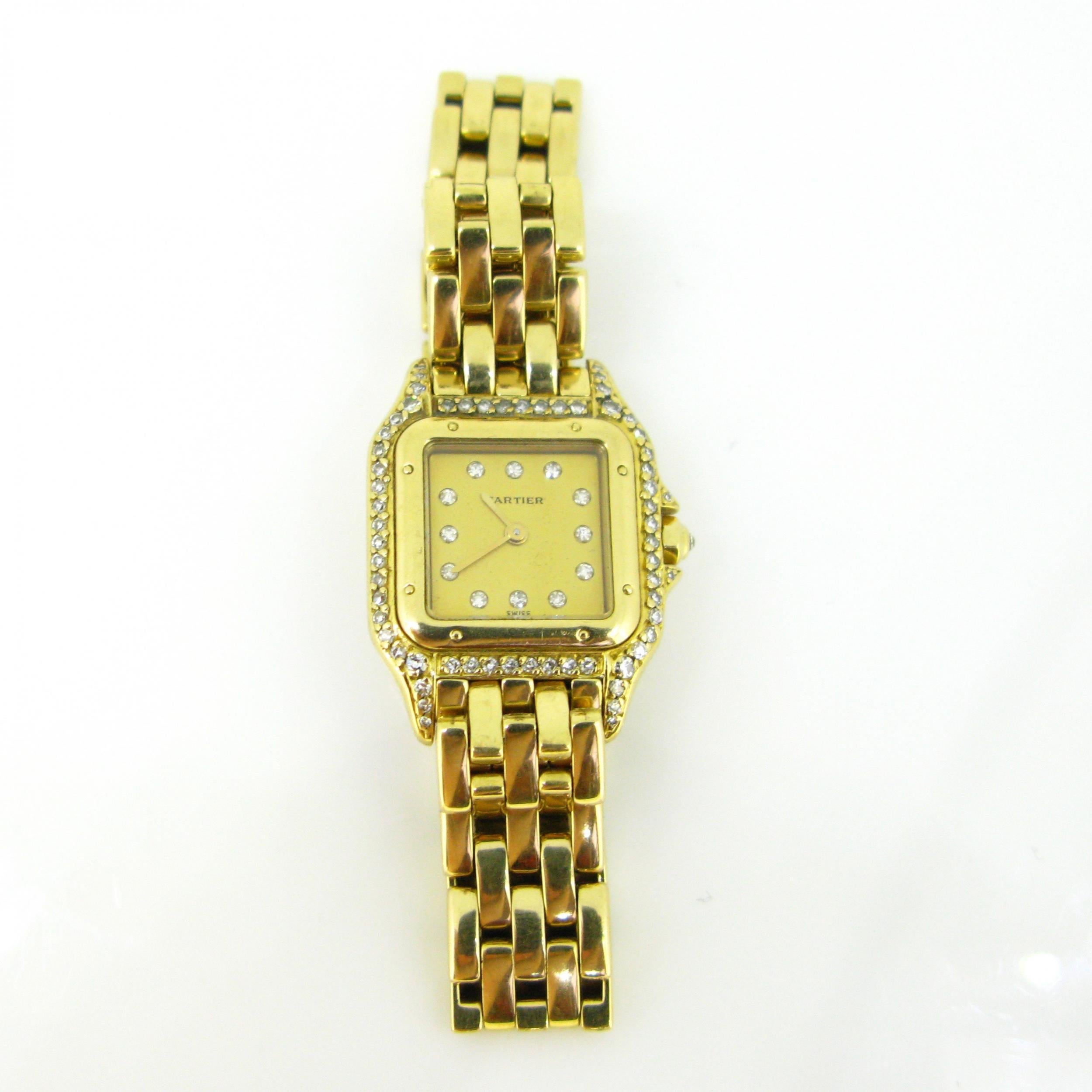 Weight:	63,74gr

Metal:	18k yellow gold 

Stones:	72 Diamonds
•	Cut: 	Single Cut
•	Total carat weight:	1ct approximately

Signature:	Cartier
•	Reference:	8669193516


Movement:	Quartz


Condition:	Very Good


Comments: 	This Panthere Cartier small