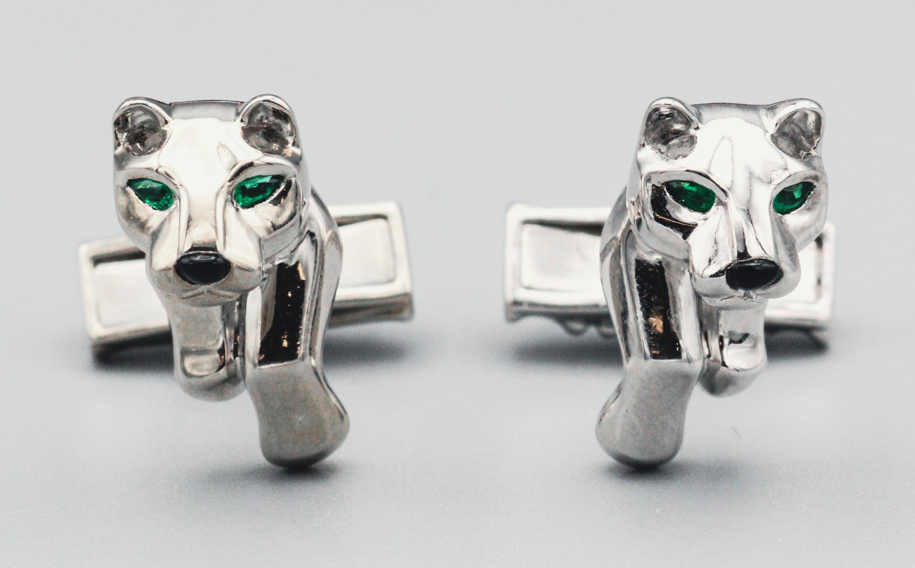 Pear Cut Cartier Panthere Emerald Onyx and 18 Karat White Gold Cufflinks For Sale