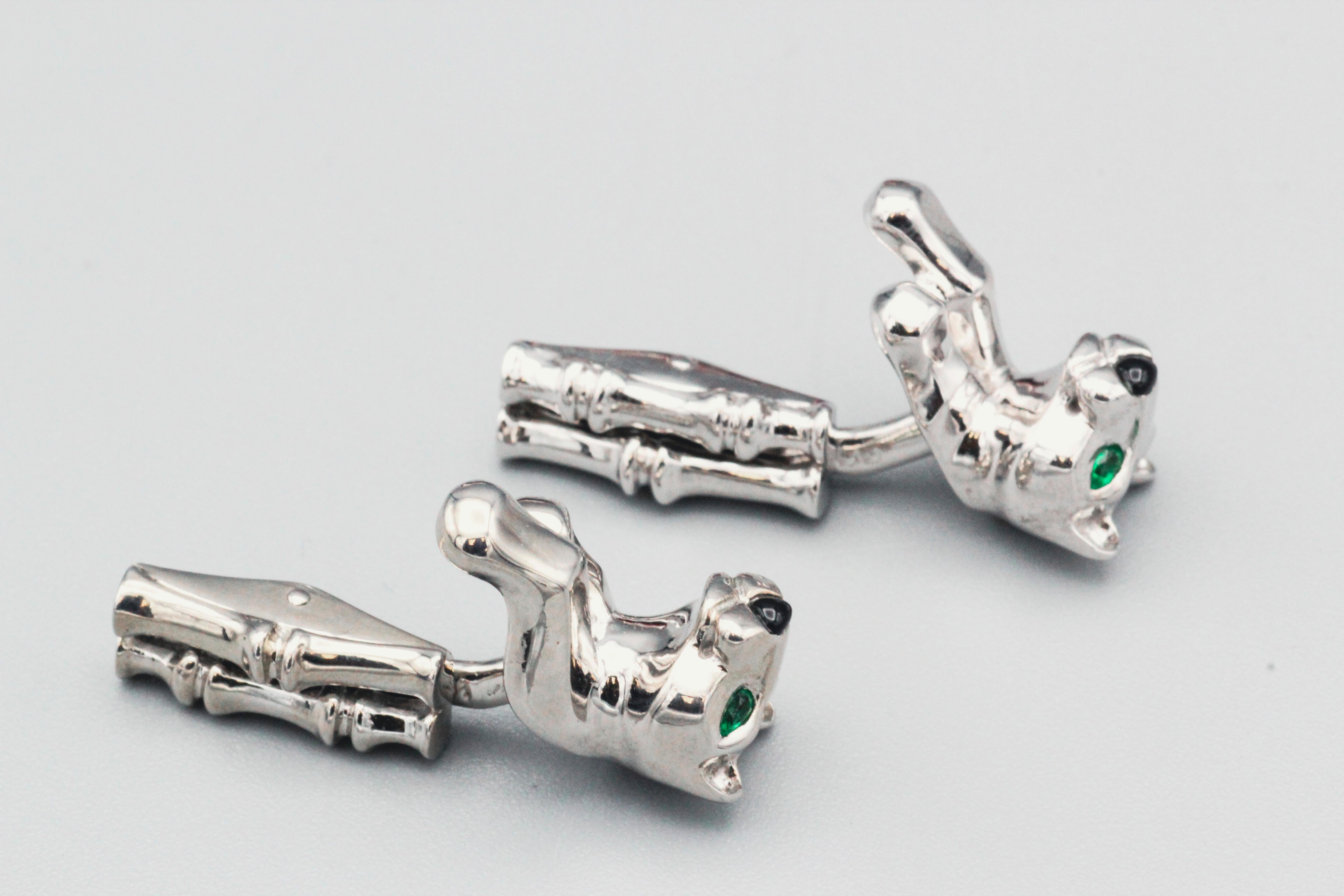 Cartier Panthere Emerald Onyx and 18 Karat White Gold Cufflinks For Sale 3