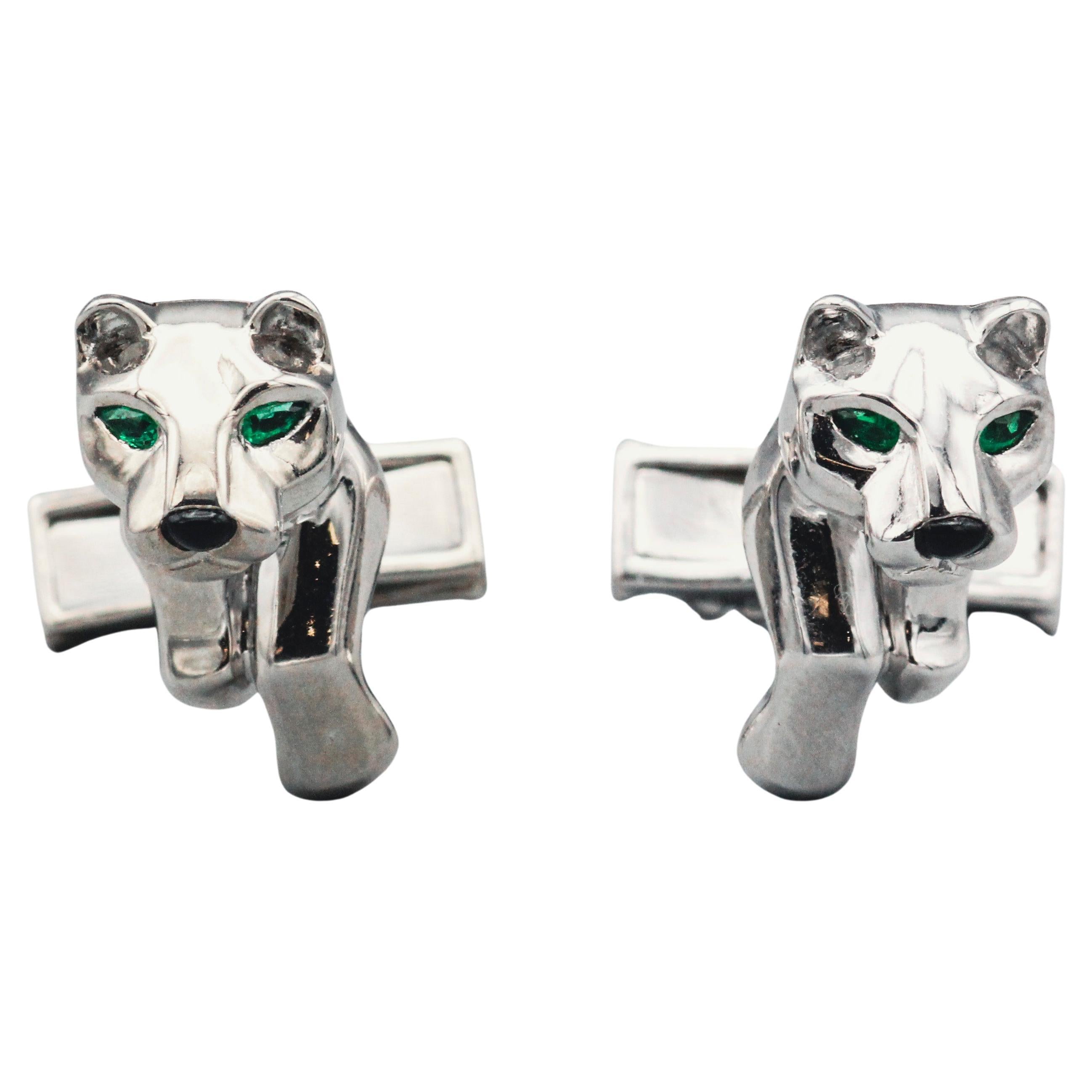Cartier Panthere Emerald Onyx and 18 Karat White Gold Cufflinks For Sale
