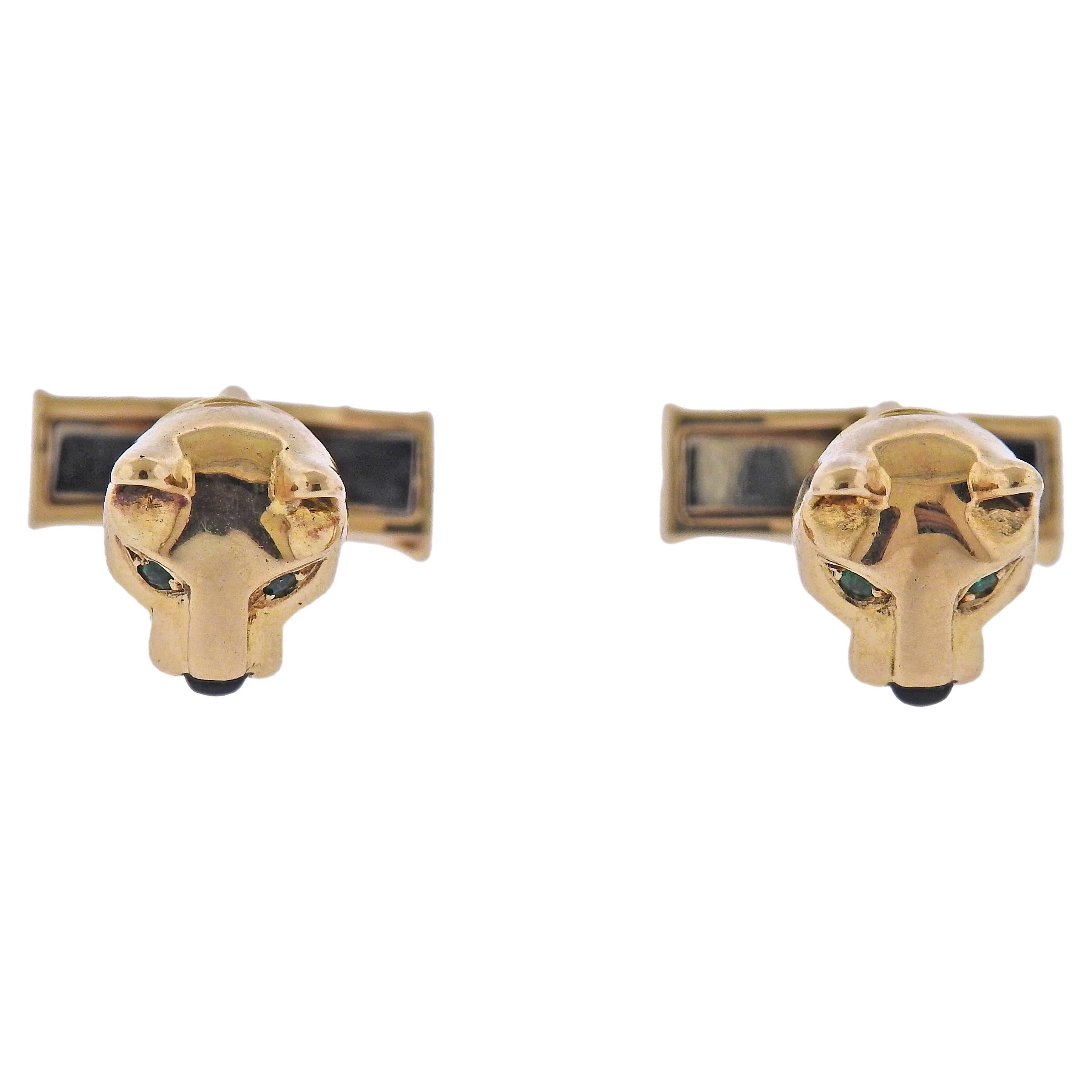 Cartier Panthere Emerald Onyx Gold Cufflinks For Sale