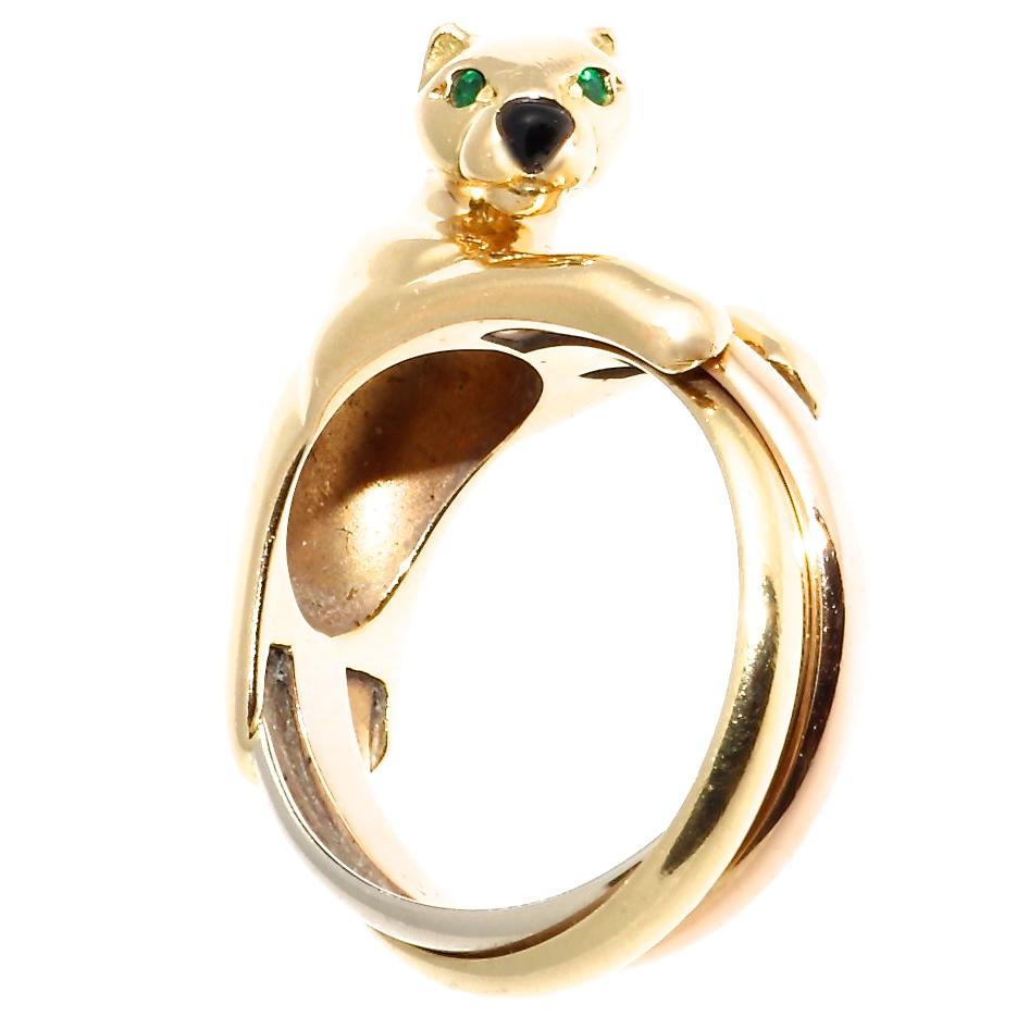 Modern Cartier Panthere Emerald Onyx Tricolor Gold Ring