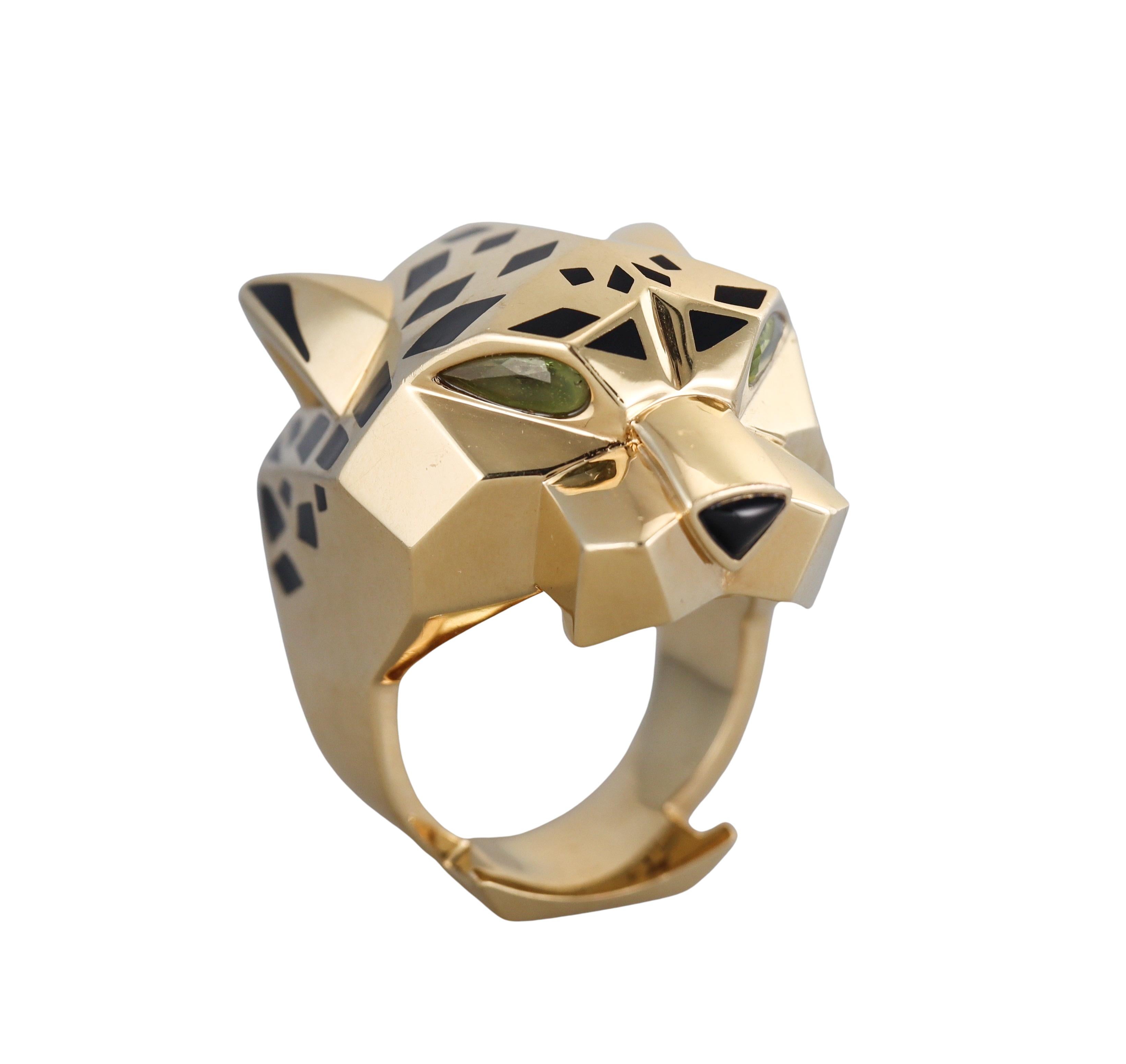Pear Cut Cartier Panthere Enamel Peridot Onyx Yellow Gold Ring For Sale