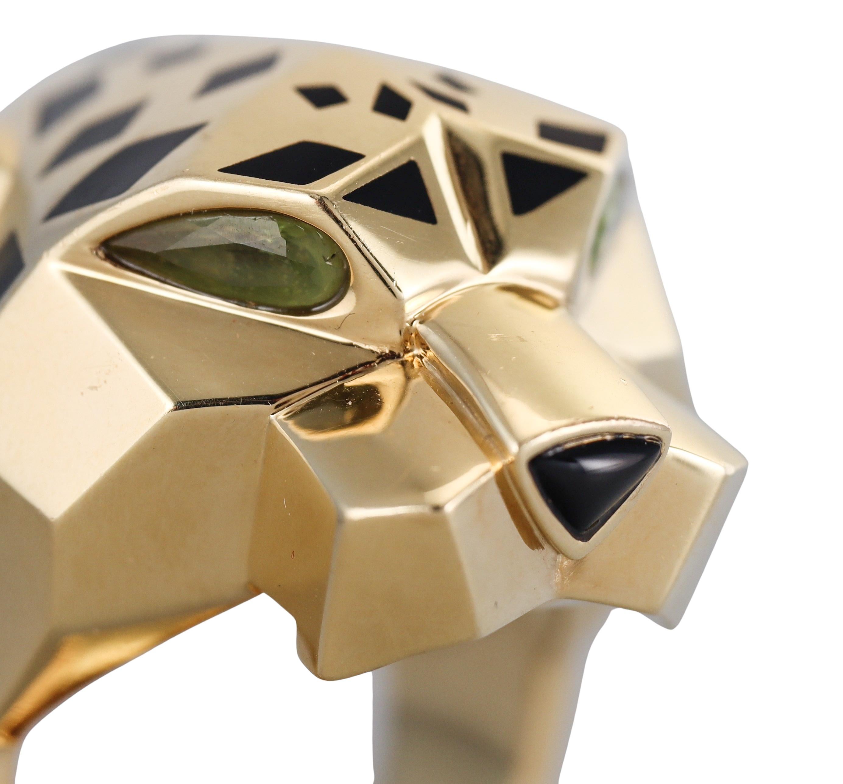 Women's or Men's Cartier Panthere Enamel Peridot Onyx Yellow Gold Ring For Sale
