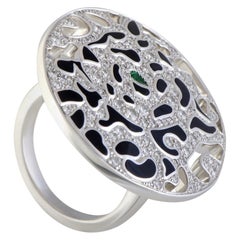 Cartier Panthere Enameled 18 Karat Gold Diamond and Emerald Round Cocktail Ring