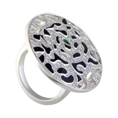 Cartier Panthere Enameled 18 Karat Gold Diamond and Emerald Round Cocktail Ring