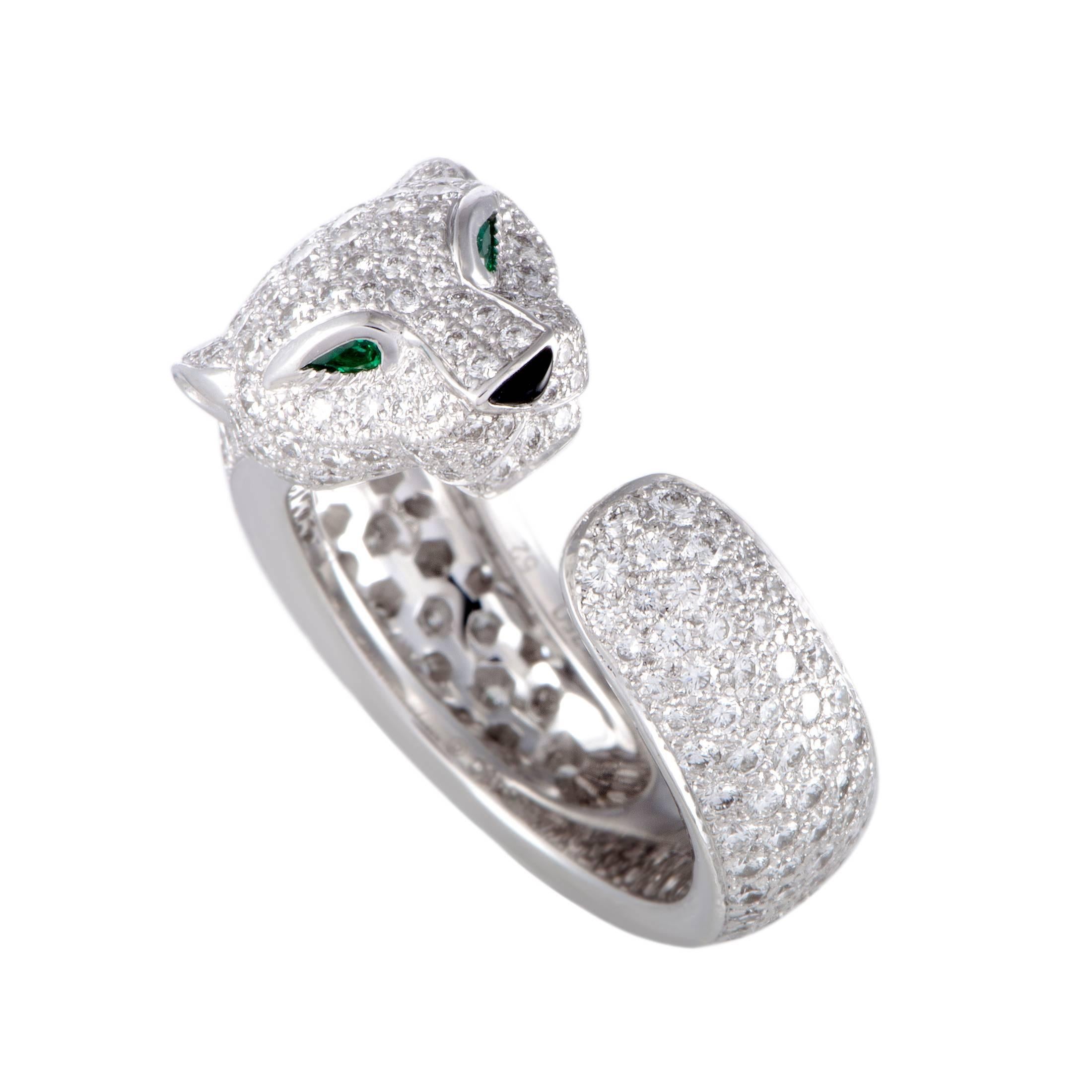 Cartier Panthere Full Diamond Pave Emerald Onyx White Gold Band Ring