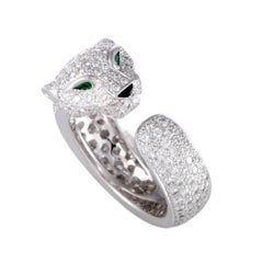 Retro Cartier Panthere Full Diamond Pave Emerald Onyx White Gold Band Ring