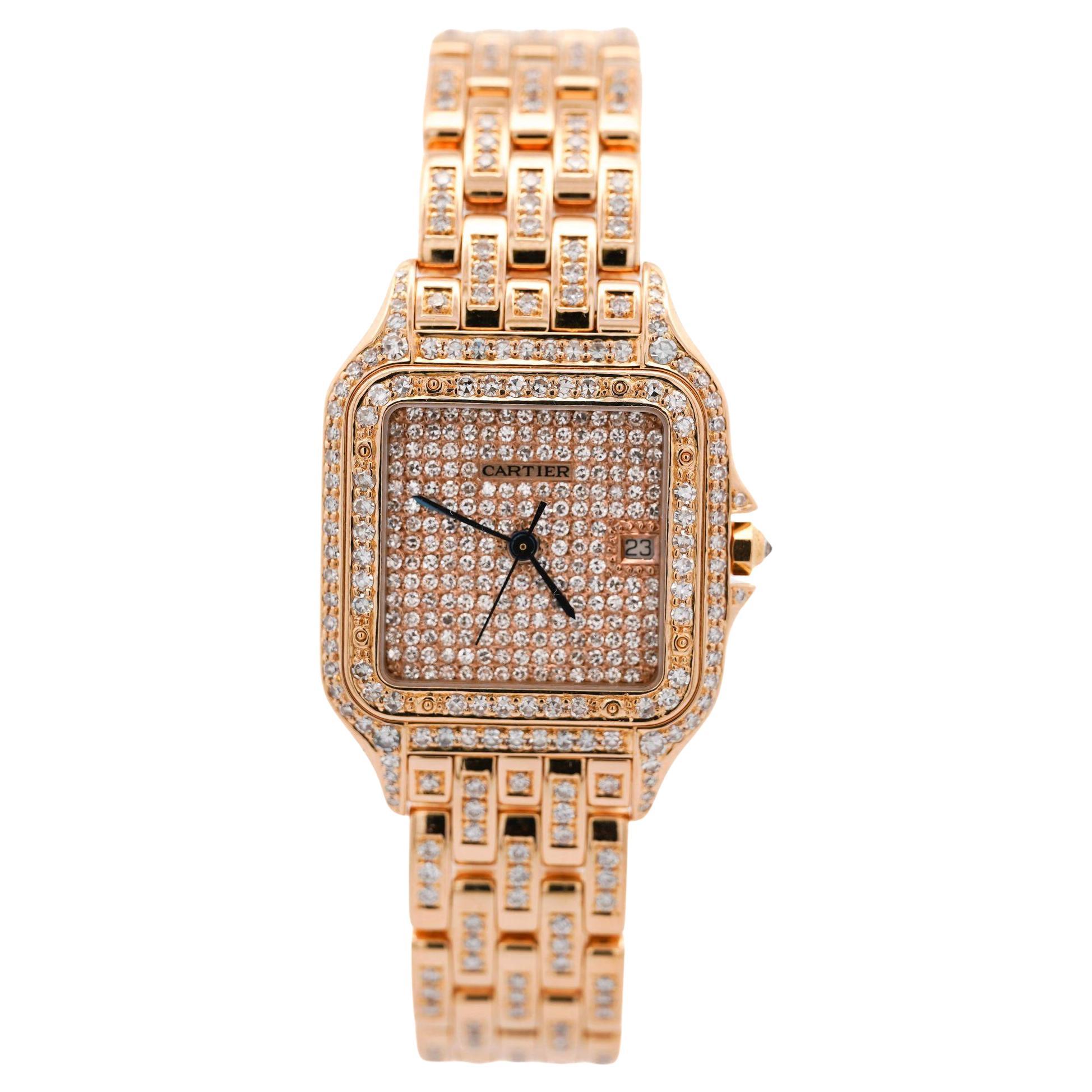 Cartier Panthere Full Factory Diamond 27mm 18K Gold Watch Ref 008133 For Sale