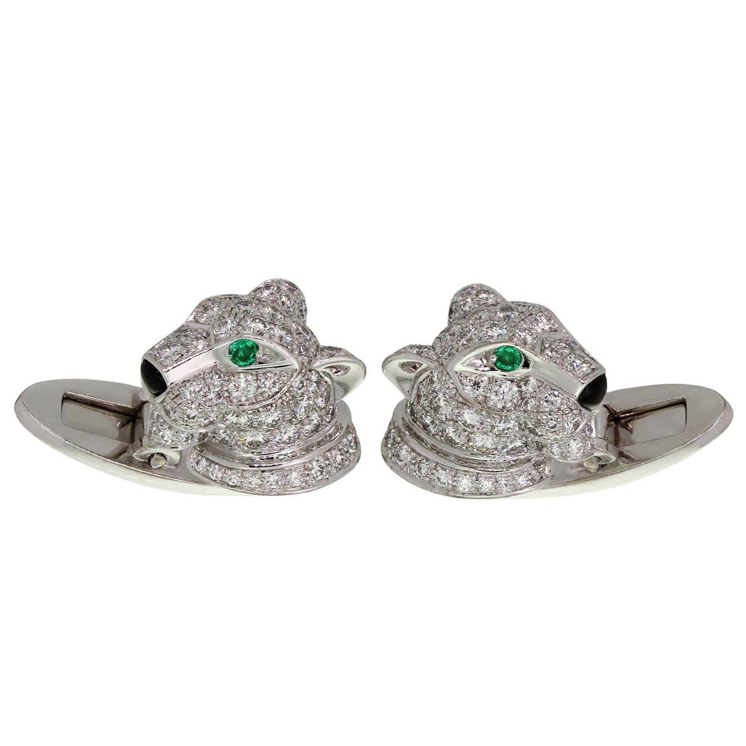 Brilliant Cut CARTIER Panthere Full Pave Diamond Emerald Onyx White Gold Cufflinks For Sale
