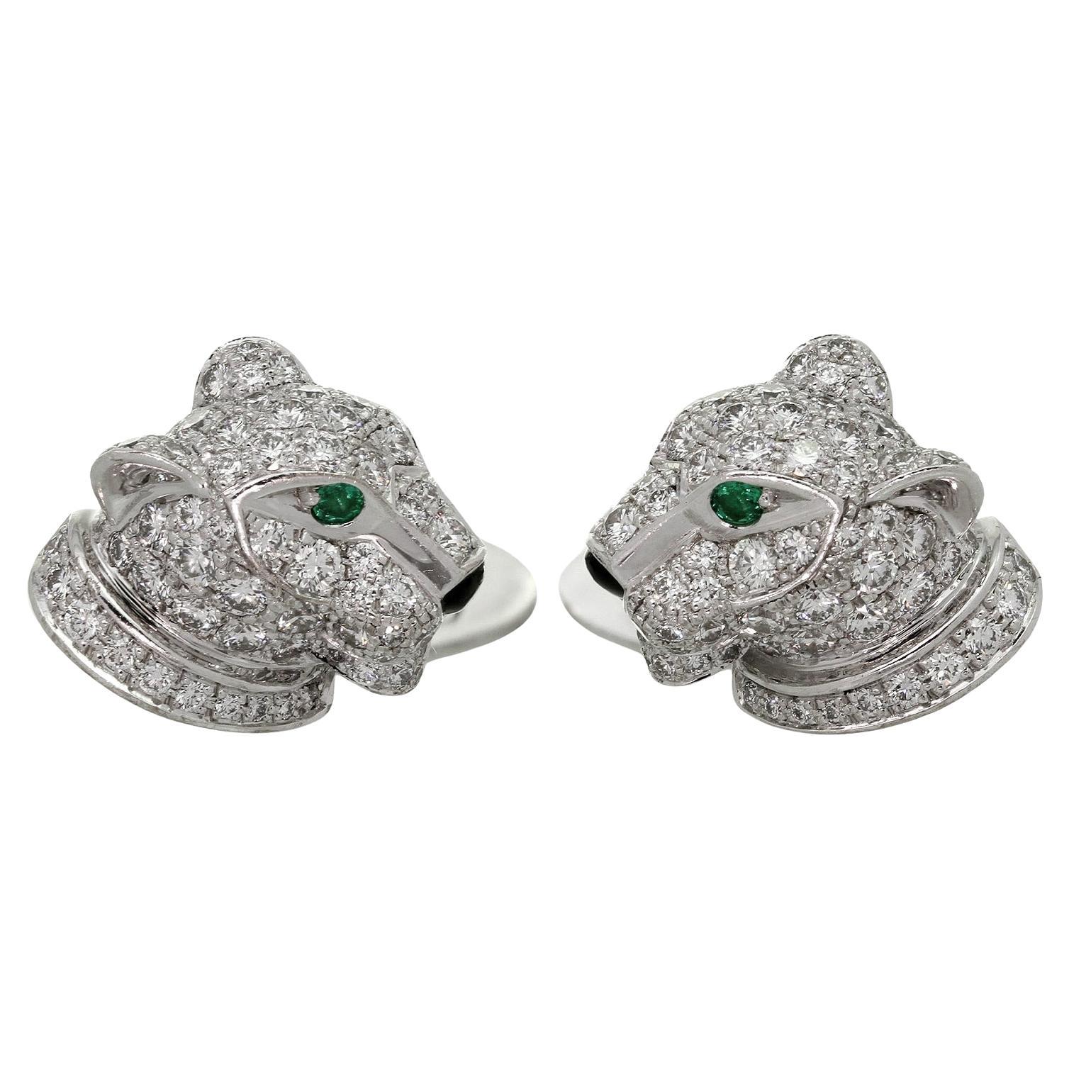 CARTIER Panthere Full Pave Diamond Emerald Onyx White Gold Cufflinks For Sale