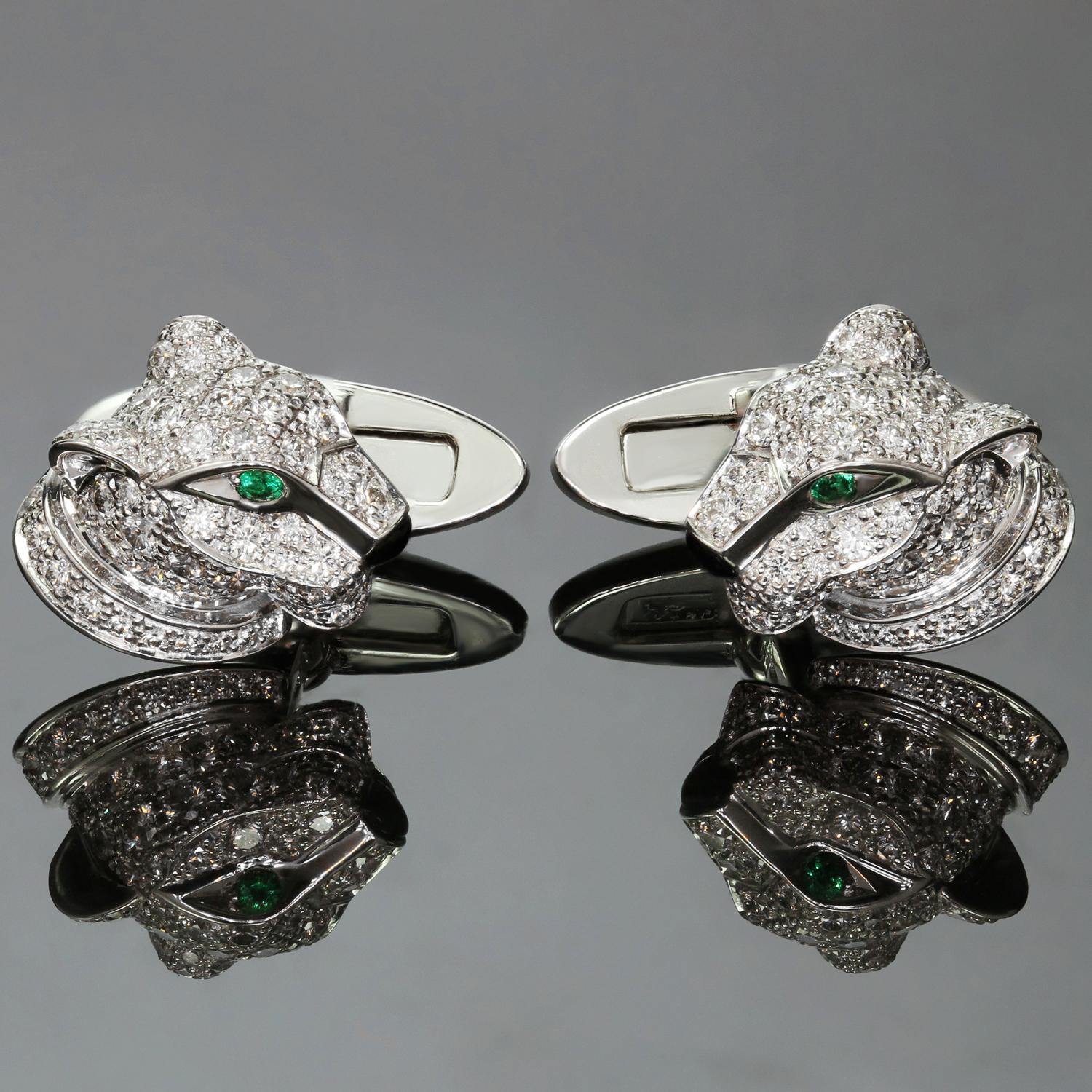 These chic cufflinks from Cartier's iconic Panthère de Cartier collection are crafted in 18k white gold and feature a sparkling motif of diamond-paved panther heads accented with emerald eyes and onyx noses. Made in France circa 2000s. Measurements: