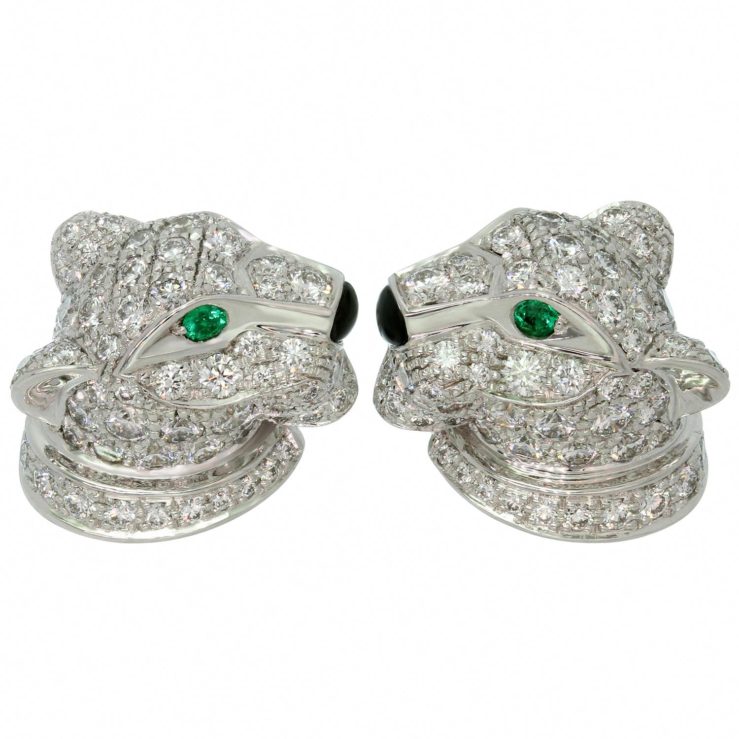 Cartier Panthere Full Pave Diamond Emerald White Gold Cufflinks im Zustand „Hervorragend“ in New York, NY