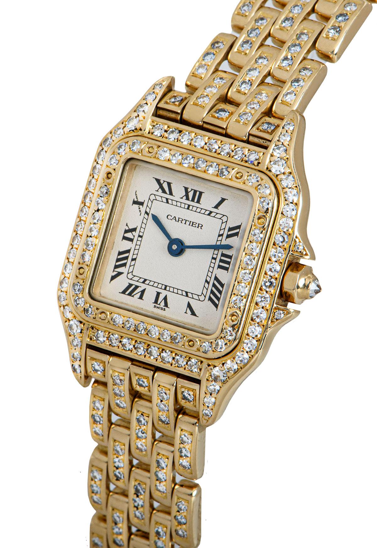 A 22 mm 18k Yellow Gold Panthere Fully Loaded Ladies Wristwatch, silver dial with roman numerals and a secret signature at X, sword shaped hands in blued steel, a fixed 18k yellow gold bezel set with 36 round brilliant cut diamonds, 18k yellow gold
