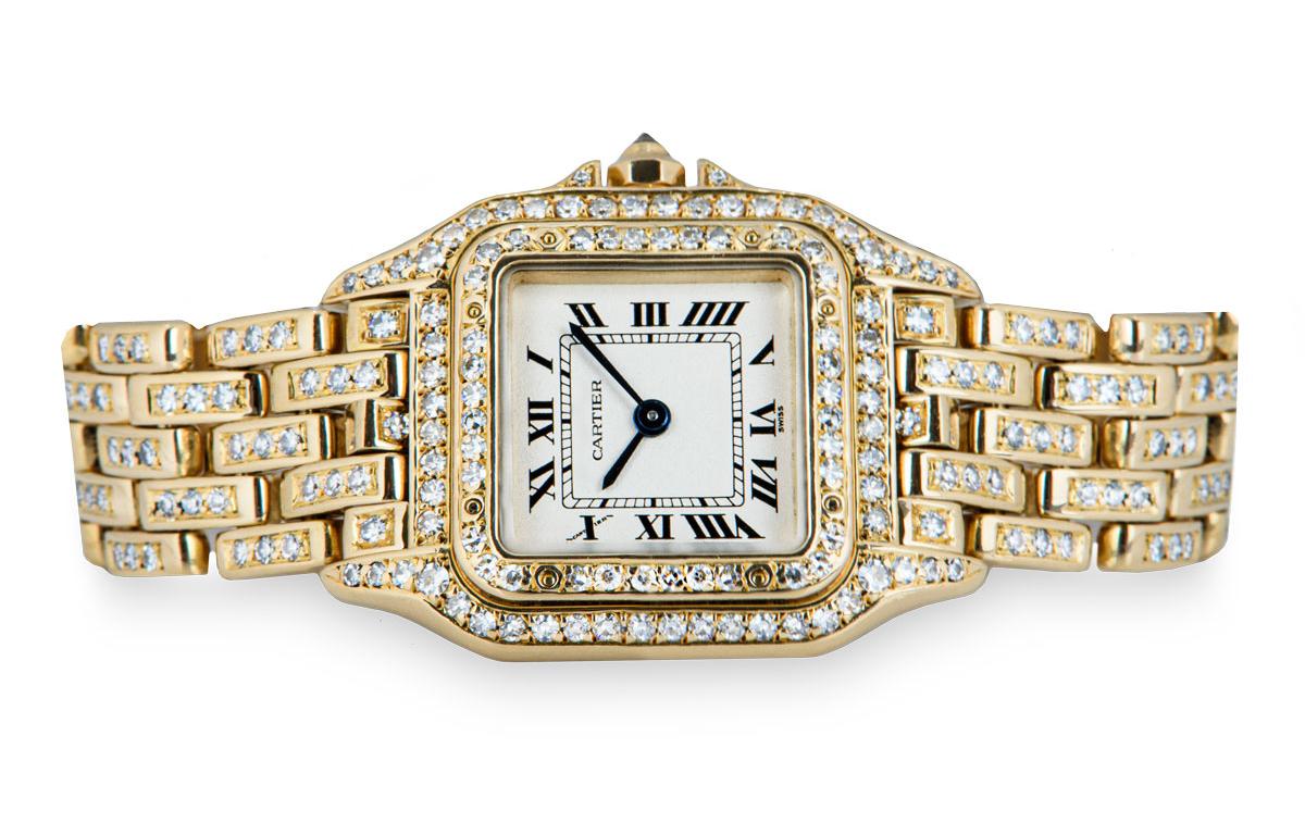 Round Cut Cartier Panthere Fully Loaded Ladies 18 Karat Gold Silver Dial Diamond Set