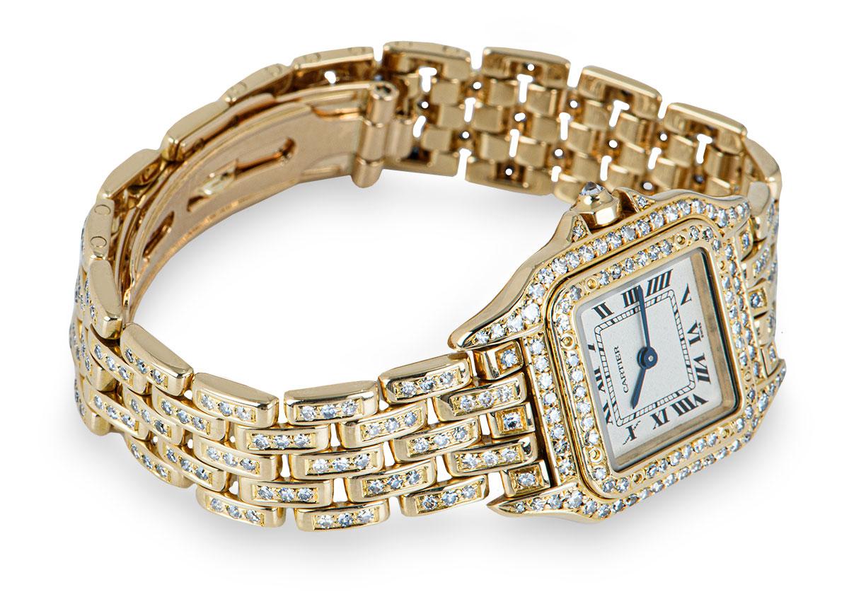 Women's Cartier Panthere Fully Loaded Ladies 18 Karat Gold Silver Dial Diamond Set