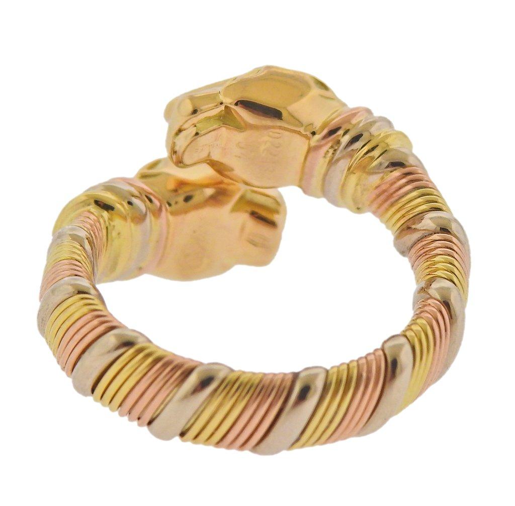 Cartier Panthere 18k tri color gold bypass ring. Ring size - 6.5, top is 16mm wide. Weight - 11.9 grams. Marked: Cartier, 750, 022434, 54. 