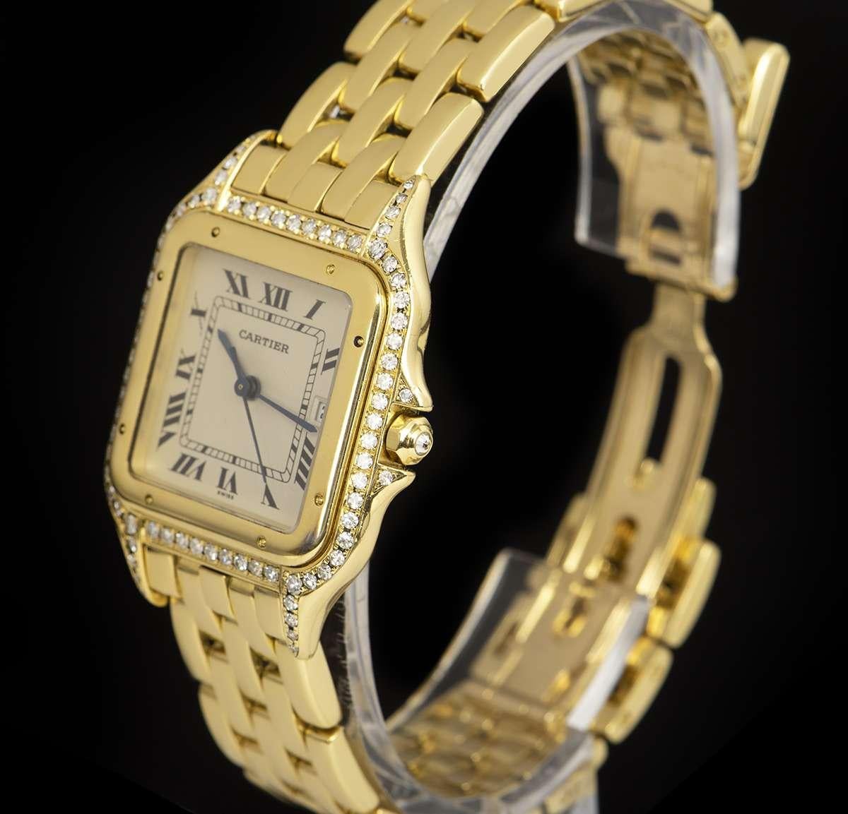 An 18k Yellow Gold Panthere Wristwatch, silver dial with roman numerals and a secret signature at 