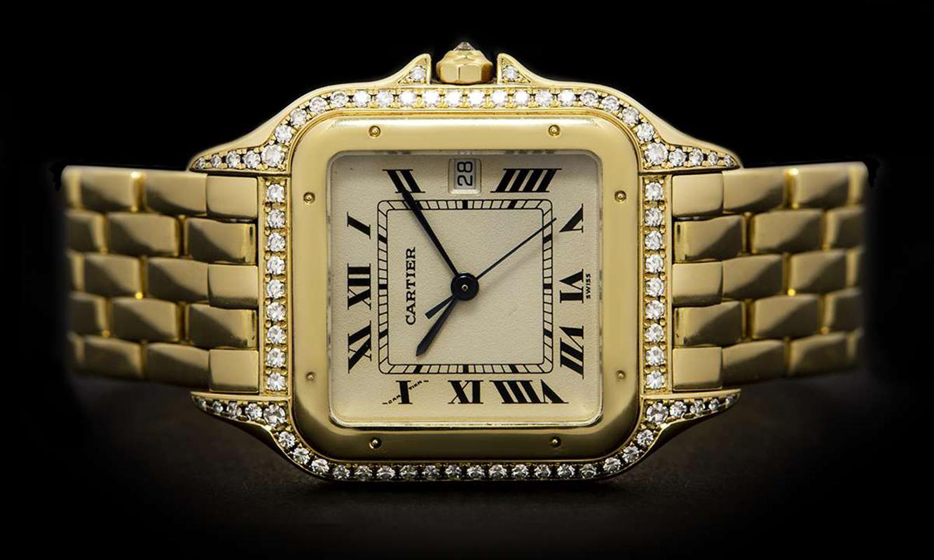 Women's or Men's Cartier Panthere Gold Silver Dial Diamond Set of Quartz Wristwatch