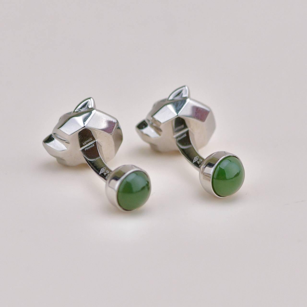 Cartier Panthère Grüne Jade Lack Sterling Silber Manschettenknöpfe im Angebot 5