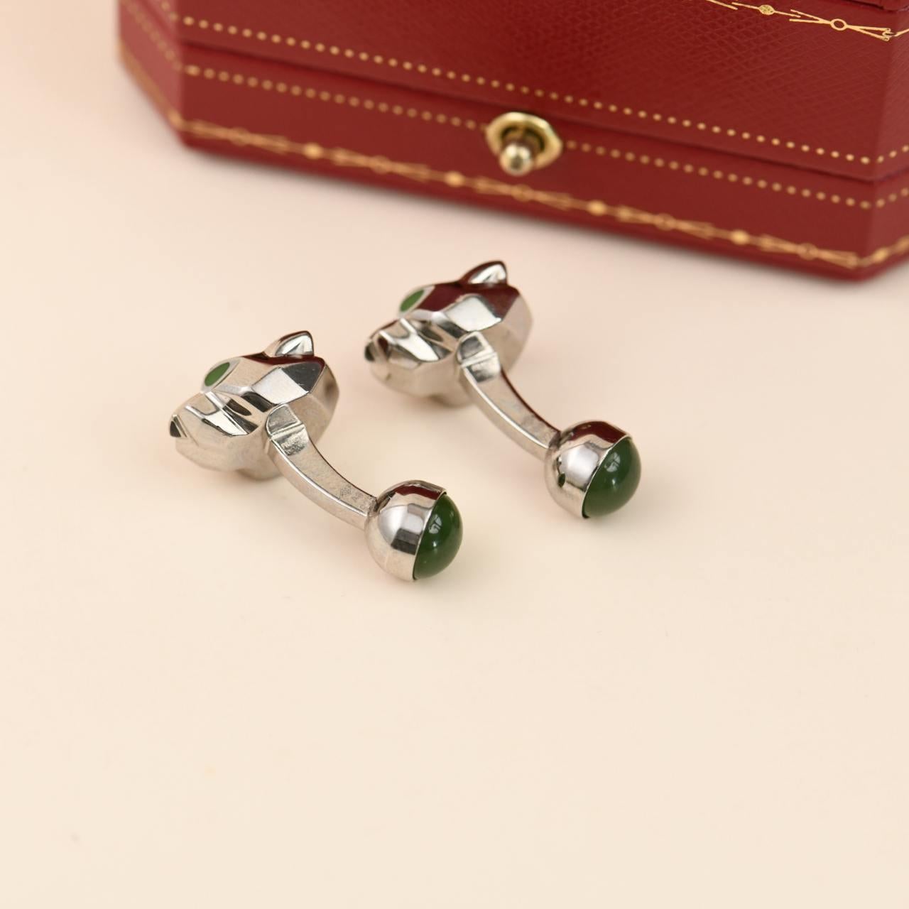Cartier Panthère Grüne Jade Lack Sterling Silber Manschettenknöpfe im Angebot 2