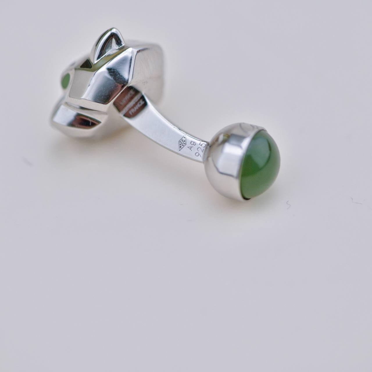 Cartier Panthère Grüne Jade Lack Sterling Silber Manschettenknöpfe im Angebot 4