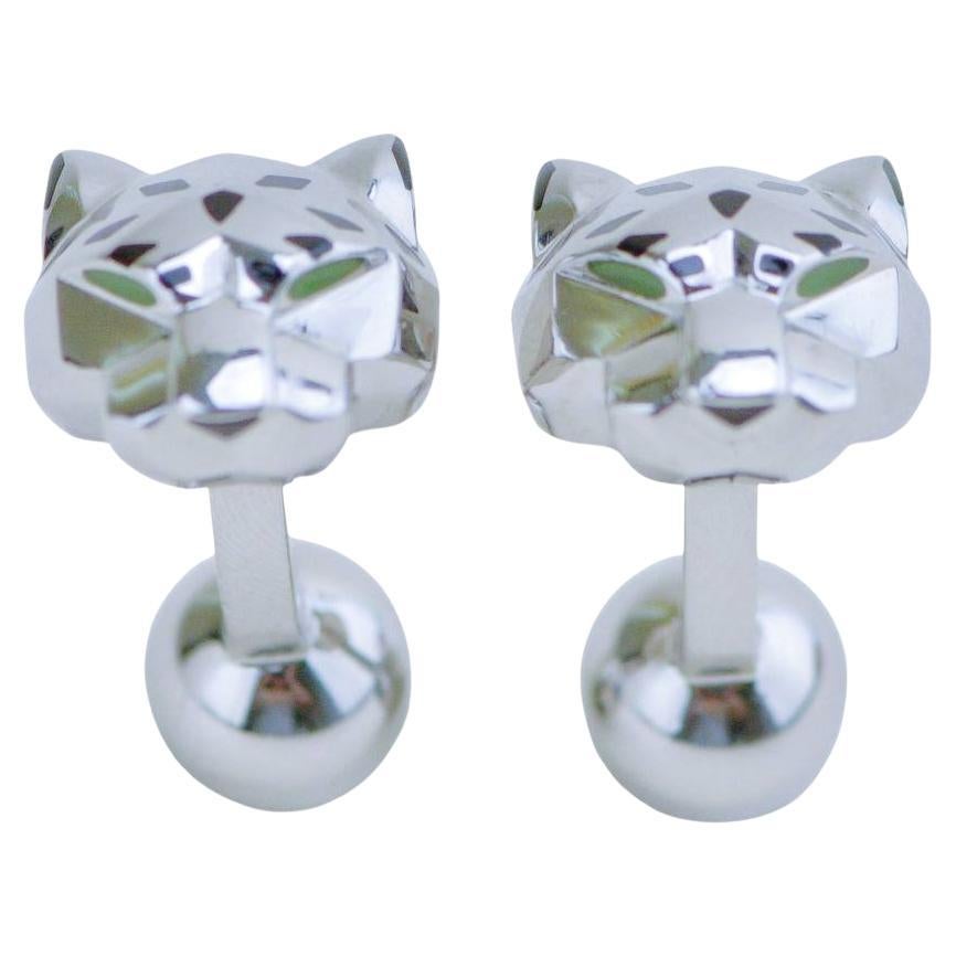Cartier Panthère Grüne Jade Lack Sterling Silber Manschettenknöpfe im Angebot