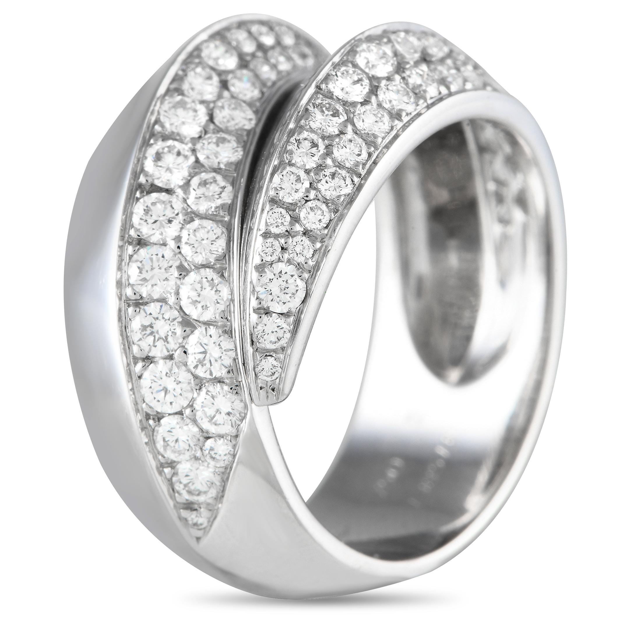 A sleek 18K White Gold wrapped setting makes this Cartier Panthère Griffe the perfect addition to any luxury jewelry collection. Covered in pave-set Diamonds totaling 1.15 carats, this elegant accessory measures 8mm wide and features a 5mm top