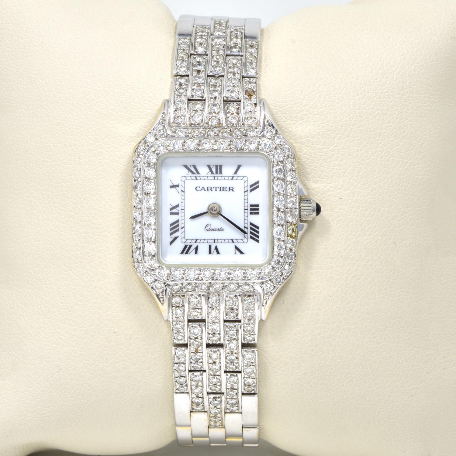 Round Cut Cartier Panthere in 18 Karat White Gold Diamond Aftermarket Watch