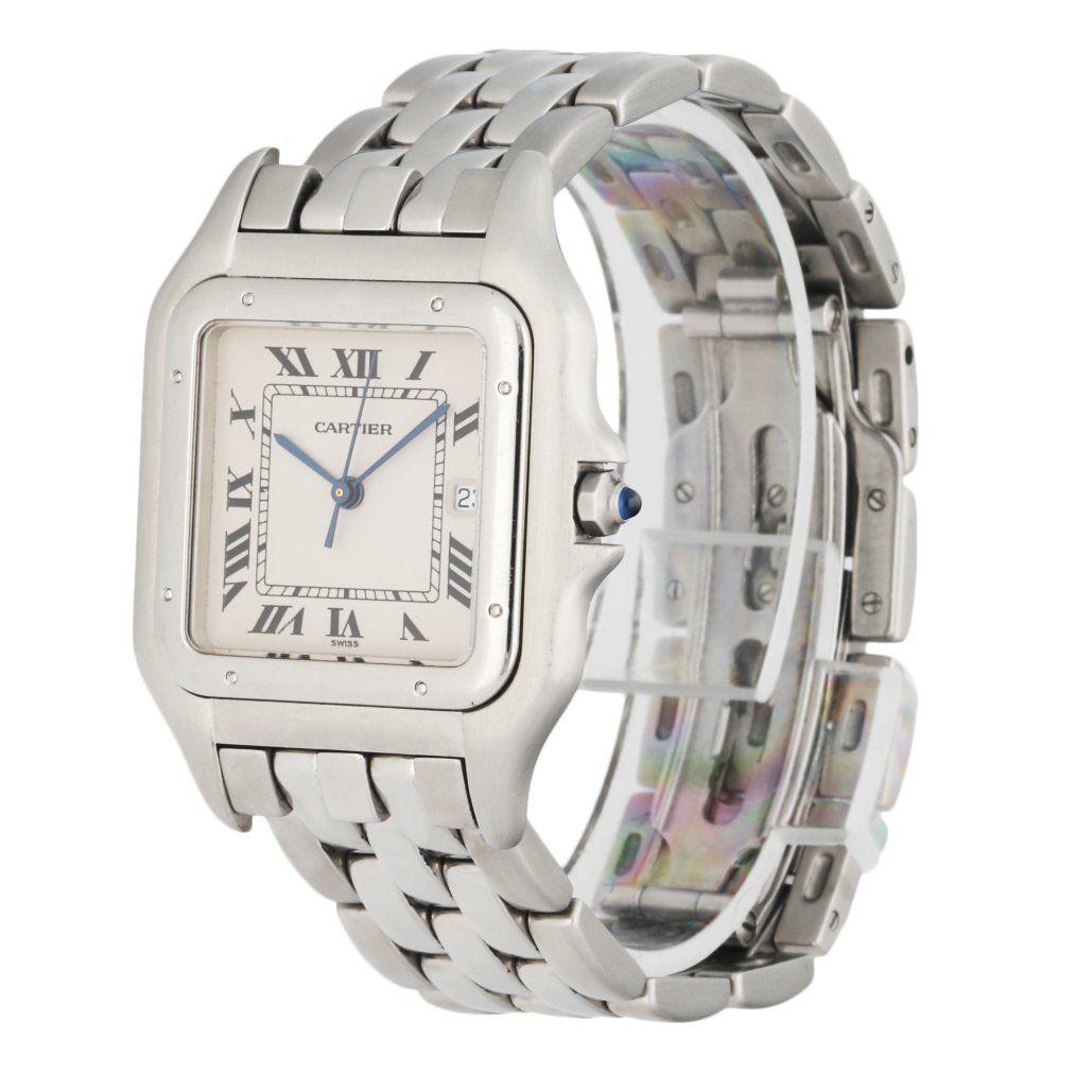 Cartier Panthere Jumbo 1300 Men's Watch. 30mm stainless steel case withÂ stainless steel Bezel. Off White dial with blue steel hands and black Roman numeral hour markers. Date display at the 3 o'clock position. Stainless steel bracelet with a hidden