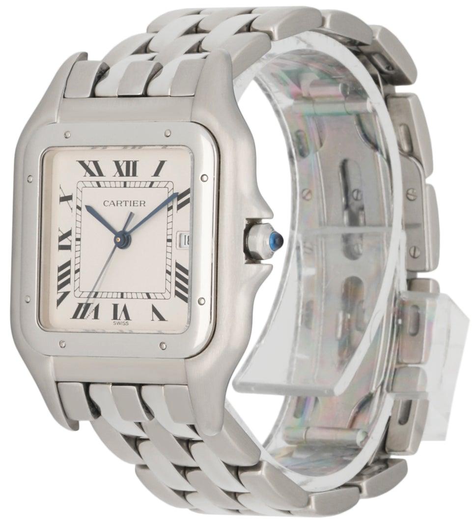 
Cartier Panthere Jumbo 1300 Men's Watch. 30mm stainless steel case with stainless steel Bezel. Off White dial with blue steel hands and black Roman numeral hour markers. Date display at the 3 o'clock position. Stainless steel bracelet with a hidden