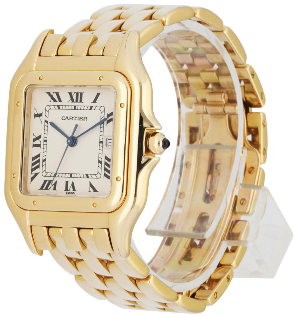 
Cartier Panthere Jumbo Men's Watch. 30mm 18k yellow case with 18k yellow gold Bezel. Off White dial with blue steel hands and black Roman numeral hour markers. Date display at the 3 o'clock position. Minute markers on the inner dial. 18k yellow