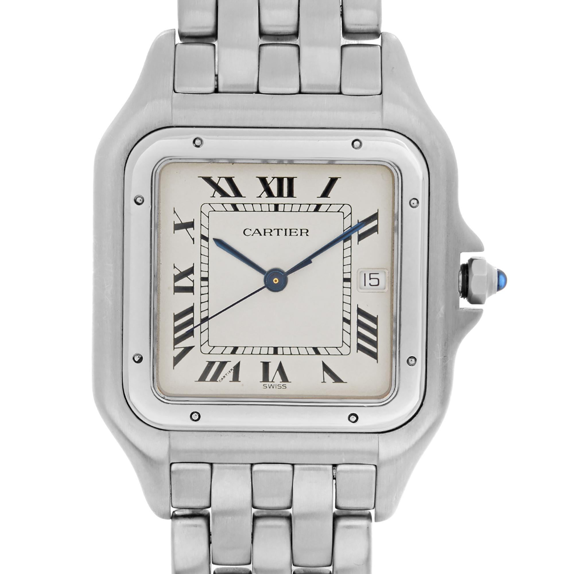 Pre-owned Cartier Panthere 29mm Quartz Unisex Watch W25032P5. The Watch has Minor Blemishes on the Dial and Tiny Scratches on the Crystal Visible Under Close Inspection. This Beautiful Timepiece is Powered by Quartz (battery) Movement And Features: