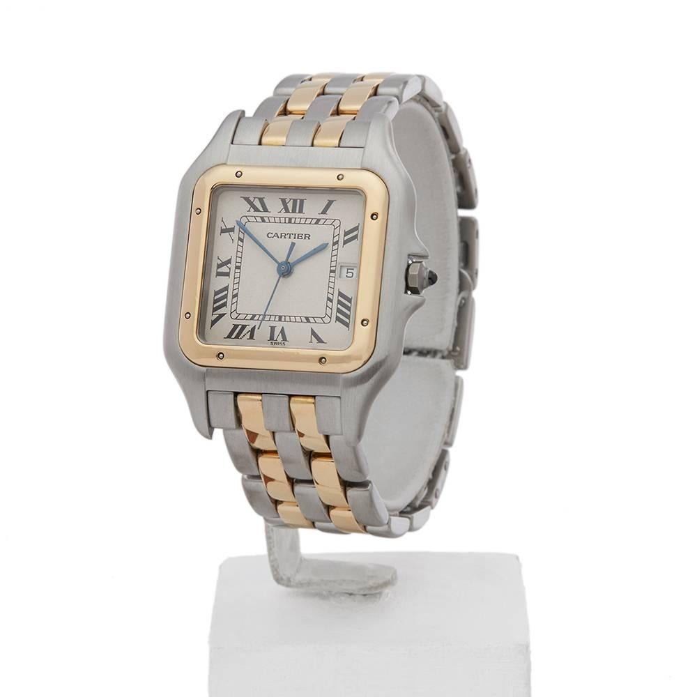 REF: W4366
MANUFACTURE: Cartier
MODEL: Panthere
MODEL REF: 183957
AGE: Circa 1990's
GENDER: Men's
BOX & PAPERS: Box Only
DIAL: White Roman
GLASS: Sapphire Crystal
MOVEMENT: Quartz
CASE MATERIAL: Stainless Steel & 18K Yellow Gold
CASE SIZE: 29mm by