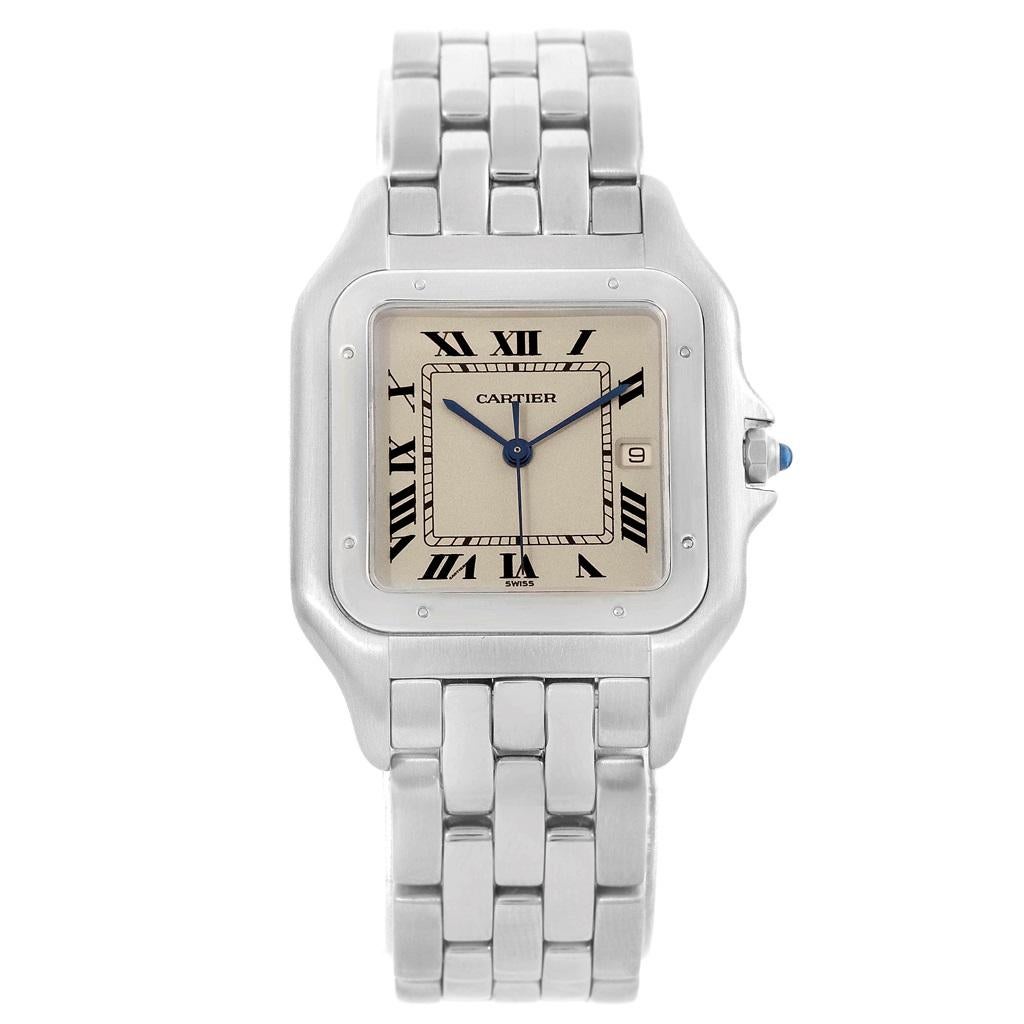Cartier Panthere Jumbo Stainless Steel Mens Watch W25032P5. Quartz movement. Stainless steel case 29 x 29 mm. Octagonal crown set with the blue spinel cabochon. Stainless steel polished fixed bezel, secured with 8 stainless steel pins. Scratch