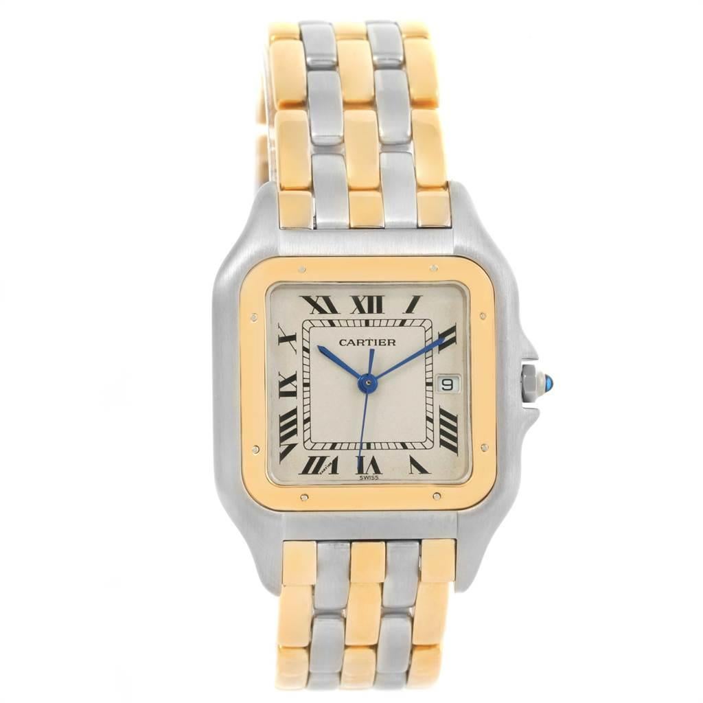Cartier Panthere Jumbo Steel 18K Yellow Gold Three Row Quartz Watch. Quartz movement. Stainless steel and 18k yellow gold case 29.0 x 29.0 mm. Octagonal crown set with the blue spinel cabochon. Scratch resistant sapphire crystal. Silvered grained