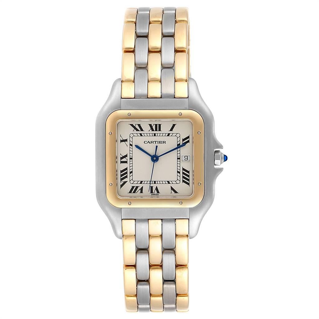 Cartier Panthere Jumbo Steel 18K Yellow Gold Three Row Quartz Watch. Quartz movement. Stainless steel and 18k yellow gold case 29.0 x 29.0 mm. Octagonal crown set with the blue spinel cabochon. Scratch resistant sapphire crystal. Silvered grained