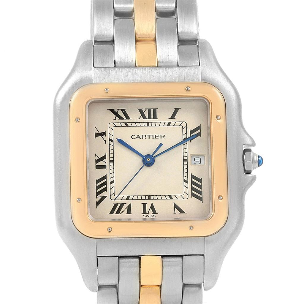 Cartier Panthere Jumbo Steel Yellow Gold One Row Unisex Watch 187957. Quartz movement. Stainless steel and 18k yellow gold case 29.0 x 29.0 mm. Octagonal crown set with the blue spinel cabochon. Scratch resistant sapphire crystal. Silvered grained