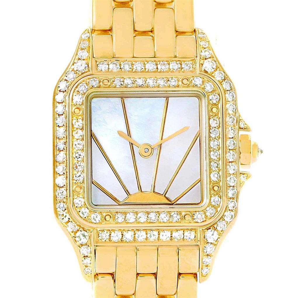 Cartier Panthere Ladies 18k Yellow Gold Diamond Sunrise Dial Watch. Quartz movement. 18k yellow gold case 22.0 x 22.0 mm (28.0 including the lugs). Octagonal crown set with diamond. Diamond set lugs and case. 18k yellow gold diamond bezel. Scratch