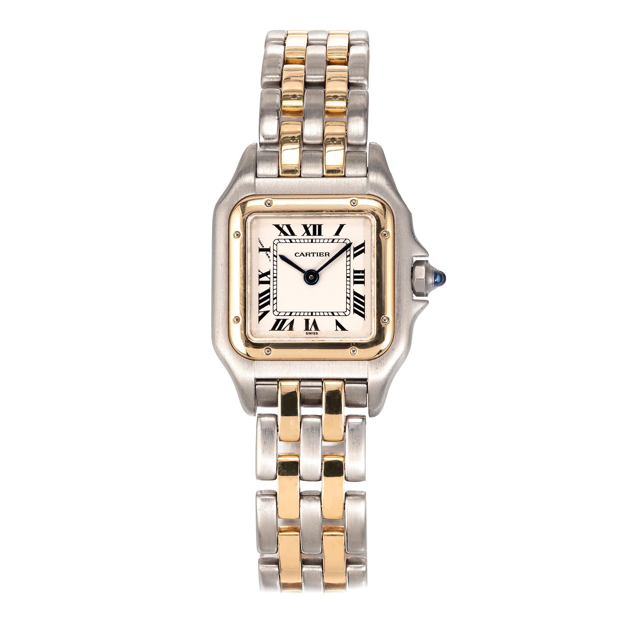 Ladies Cartier Panthere 18k gold and steel two row quartz wristwatch with gold and steel tone Cartier band.

Length: 29mm
Width: 22mm
Band width at case: 12mm
Case Thickness: 5.25mm
Dial: Cartier factory off white 
Outside case: Cartier Quartz