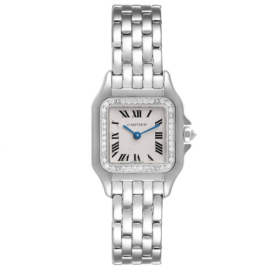 Cartier Panthere Ladies 18k White Gold Diamond Watch WF3091F3. Quartz movement. 18k white gold case 22.0 x 22.0 mm (28.0 including the lugs). Octagonal crown set with the diamond. 18k white gold diamond bezel. Scratch resistant sapphire crystal.