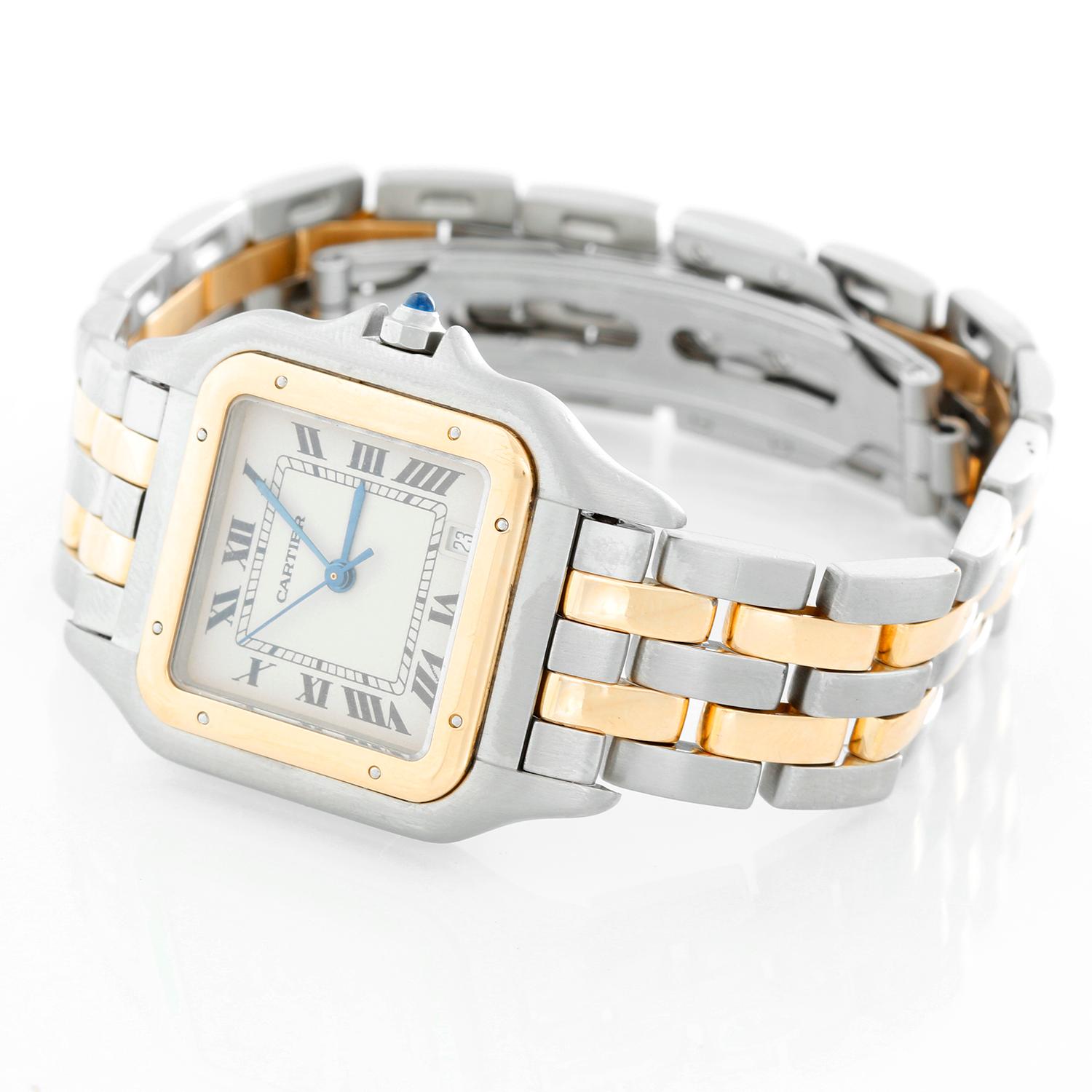 Cartier Panthere Ladies 2-Tone 2-Row Midsize Steel & Gold Watch - Quartz. Stainless steel case with 18k yellow gold bezel ( 26 mm x 36 mm ) . Ivory colored dial with black Roman numerals. Date at 5 o'clock. Stainless steel and 2-row 18k yellow gold