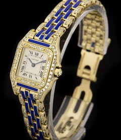 Cartier Panthere Ladies Gold Silver Dial Blue Enamel and Diamond Set Wristwatch